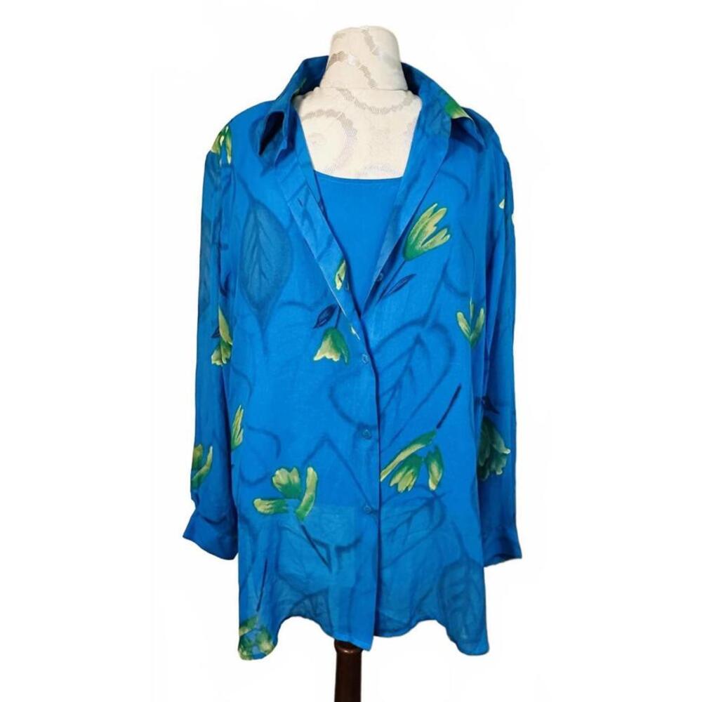 Vintage Jessica Holbrook 100% Silk Blouse & Tank Top Blue Floral Button-Up Large